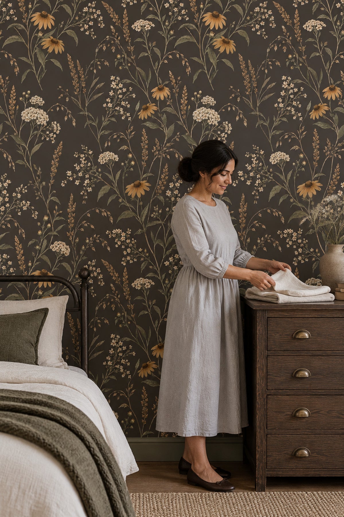 Wildflower Stems Wallpaper Dark Floral In Muted Green And Brown
