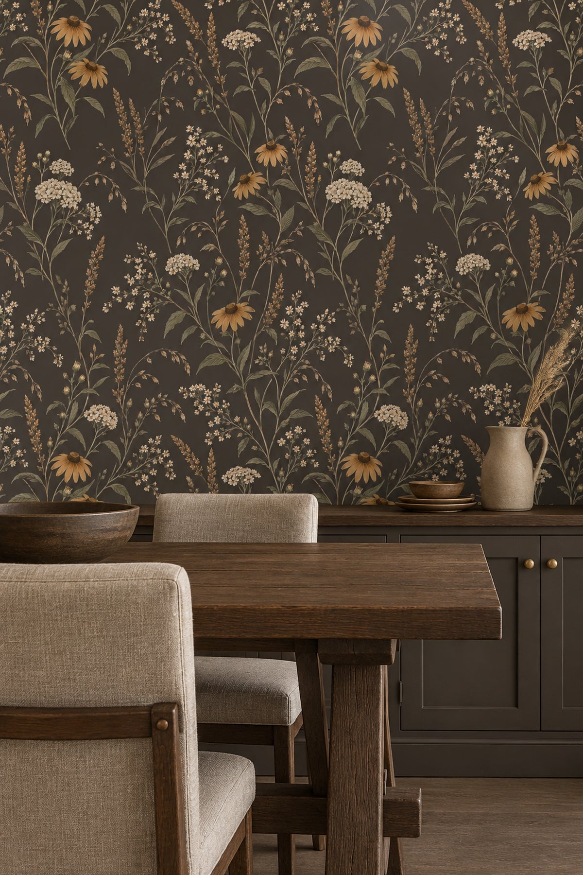 Wildflower Stems Wallpaper Dark Floral In Muted Green And Brown