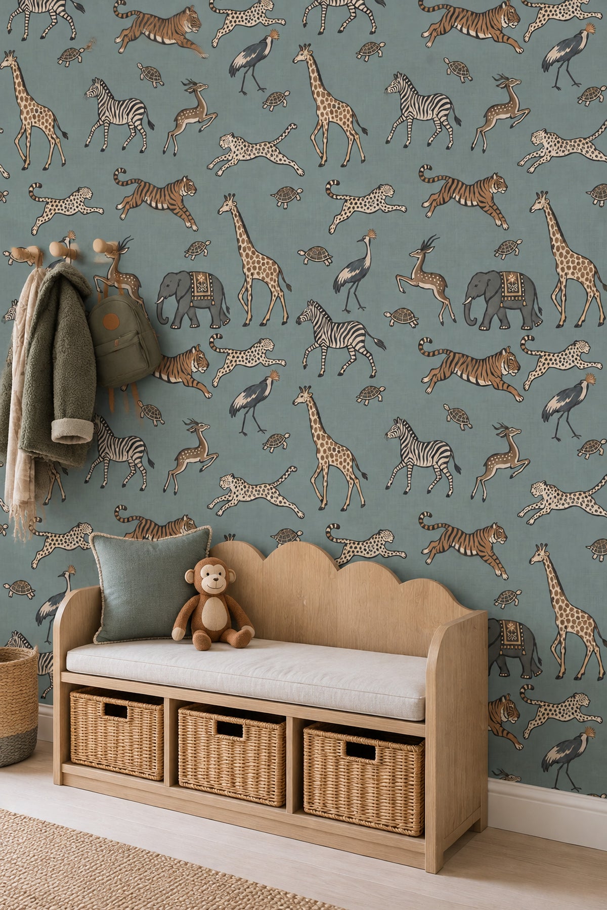 Safari Animals Wallpaper Sage Green Hand Drawn Pattern