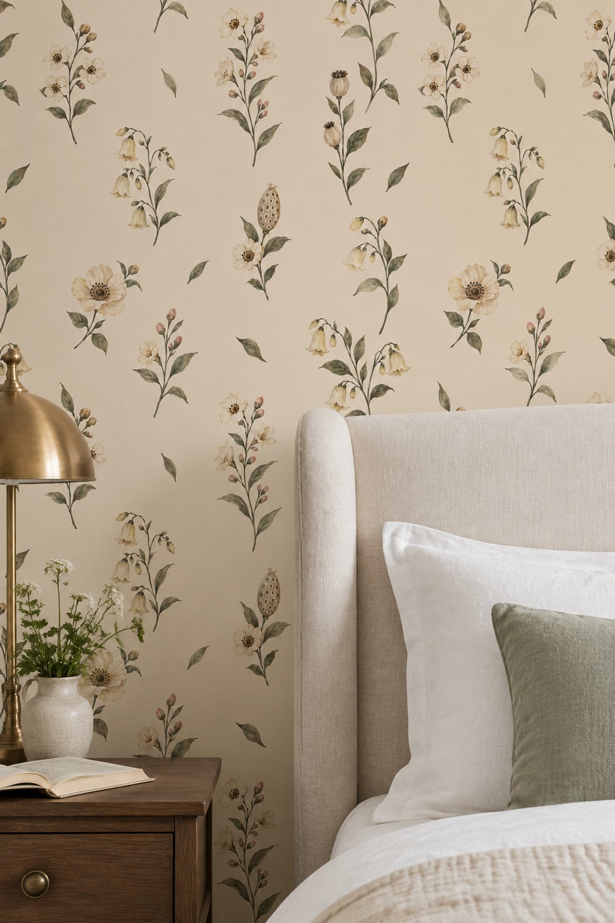 Cream Wildflower Branches Wallpaper On Beige Background