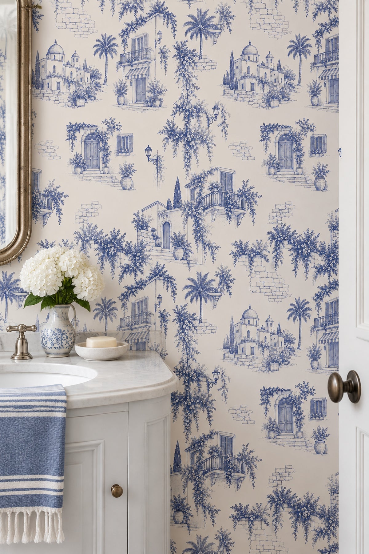 Mediterranean Village Facades Wallpaper Navy Toile On Cream