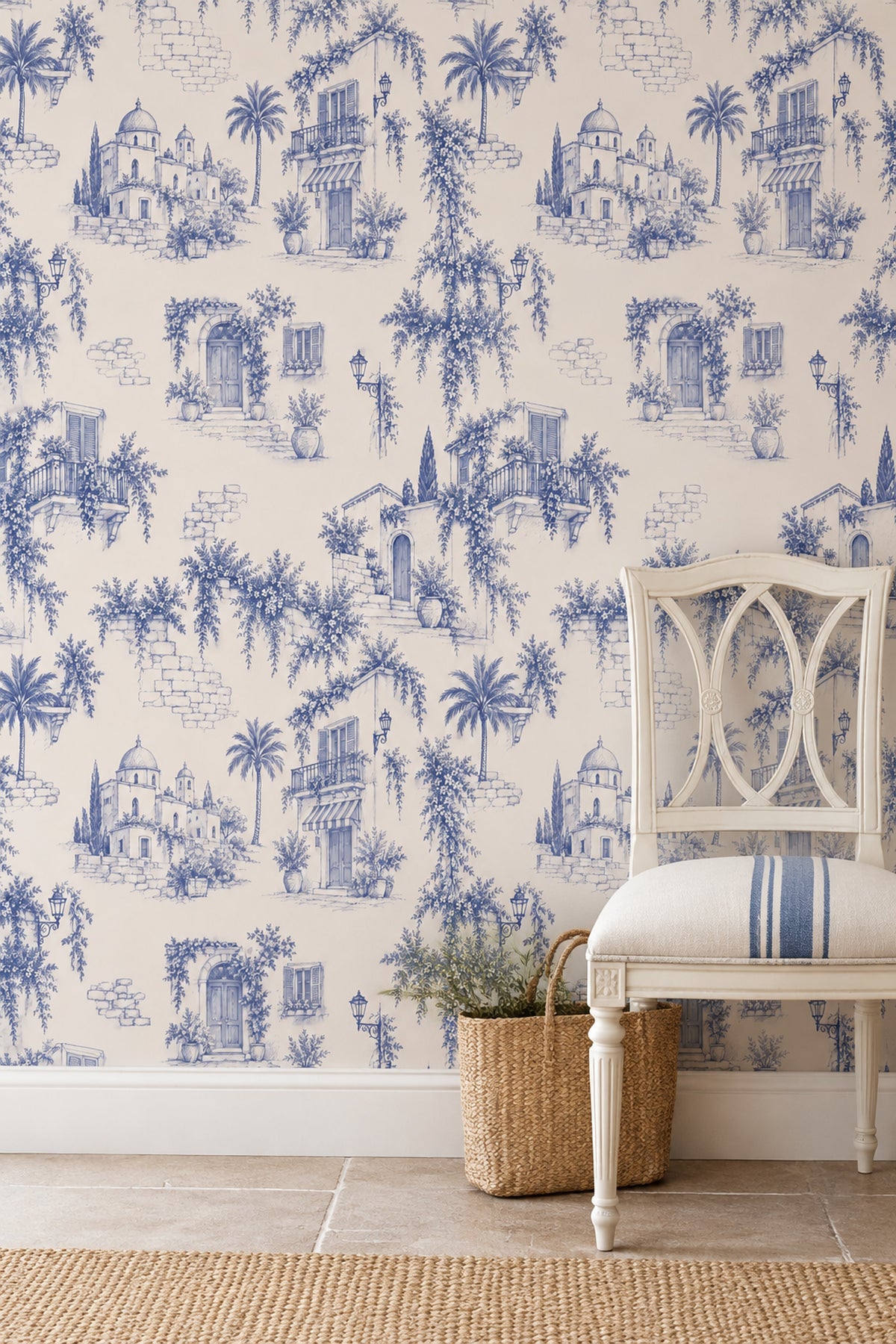 Mediterranean Village Facades Wallpaper Navy Toile On Cream