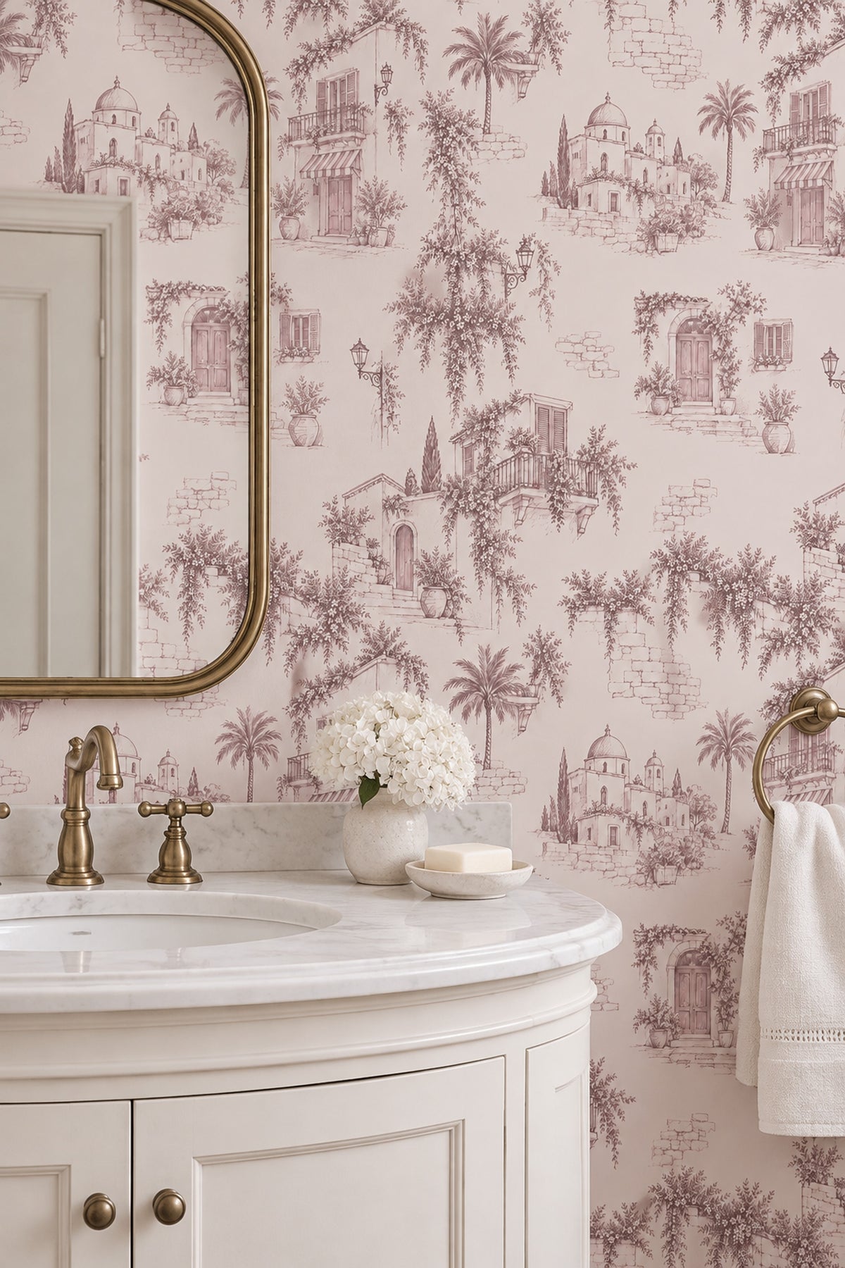 Mediterranean Village Facades Wallpaper Vintage Inspired Toile In Blush Pink