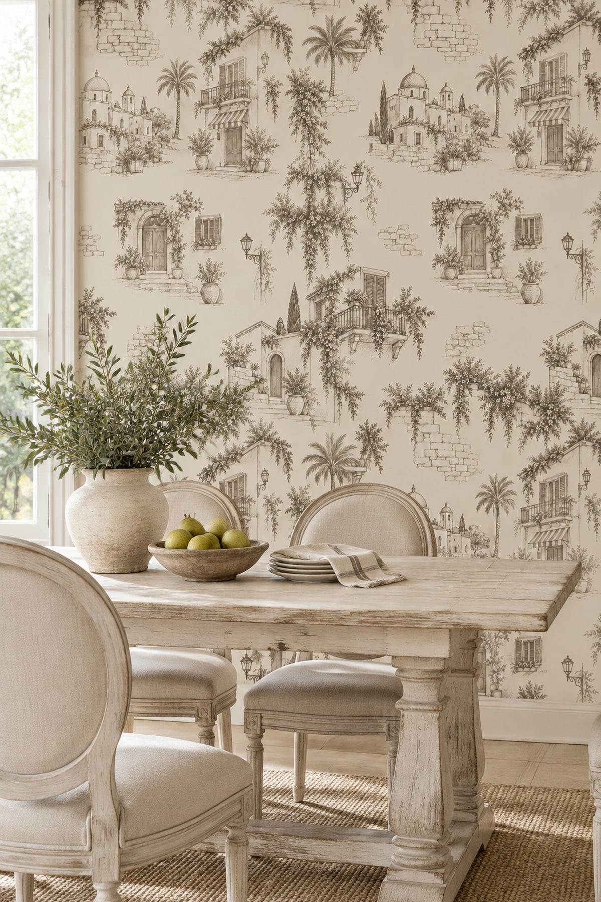 Mediterranean Village Wallpaper Sepia Toile Pattern