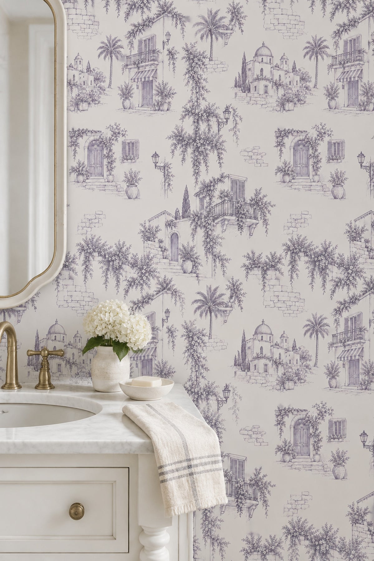 Mediterranean Town Sketch Wallpaper Lavender Gray Toile