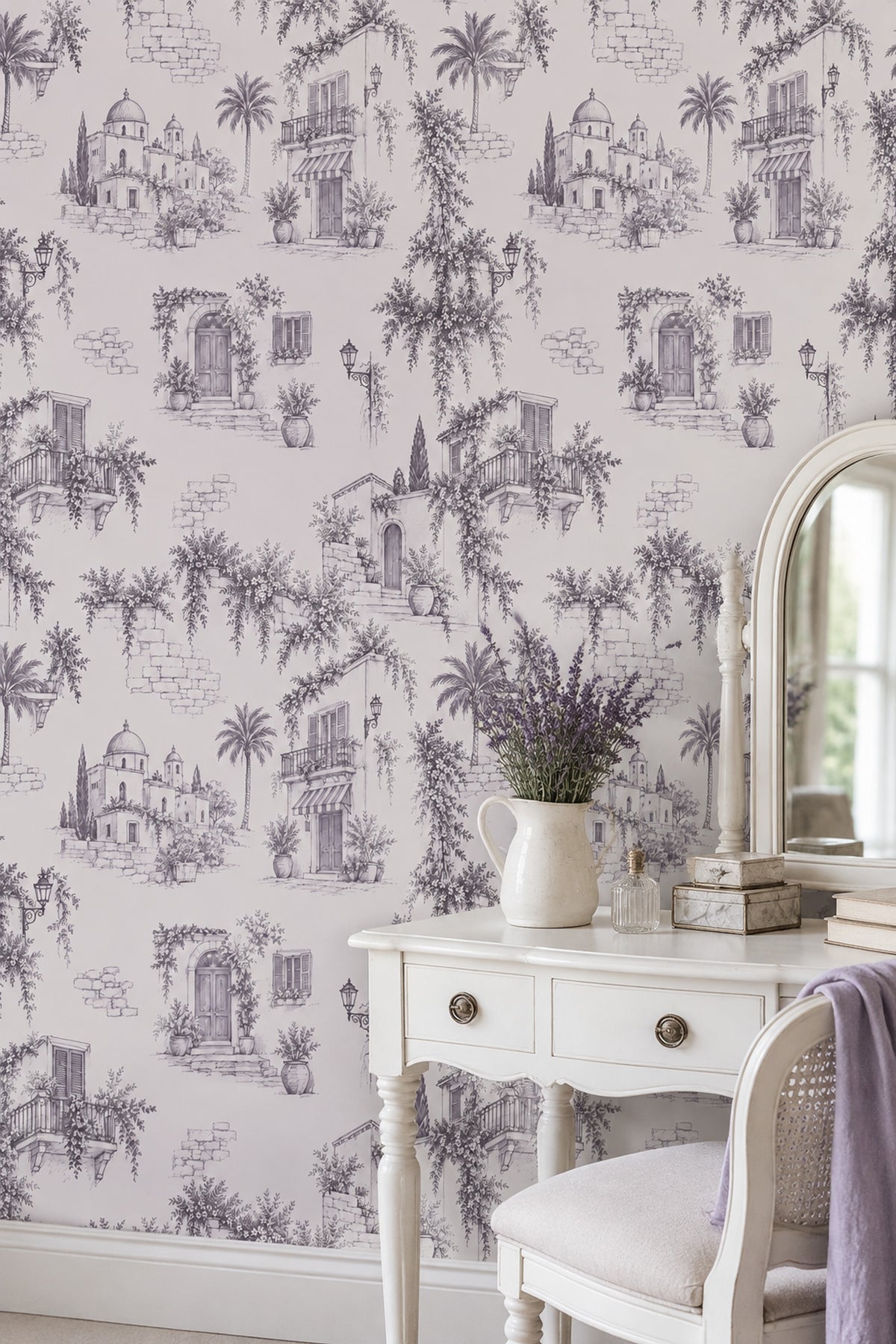 Mediterranean Town Sketch Wallpaper Lavender Gray Toile