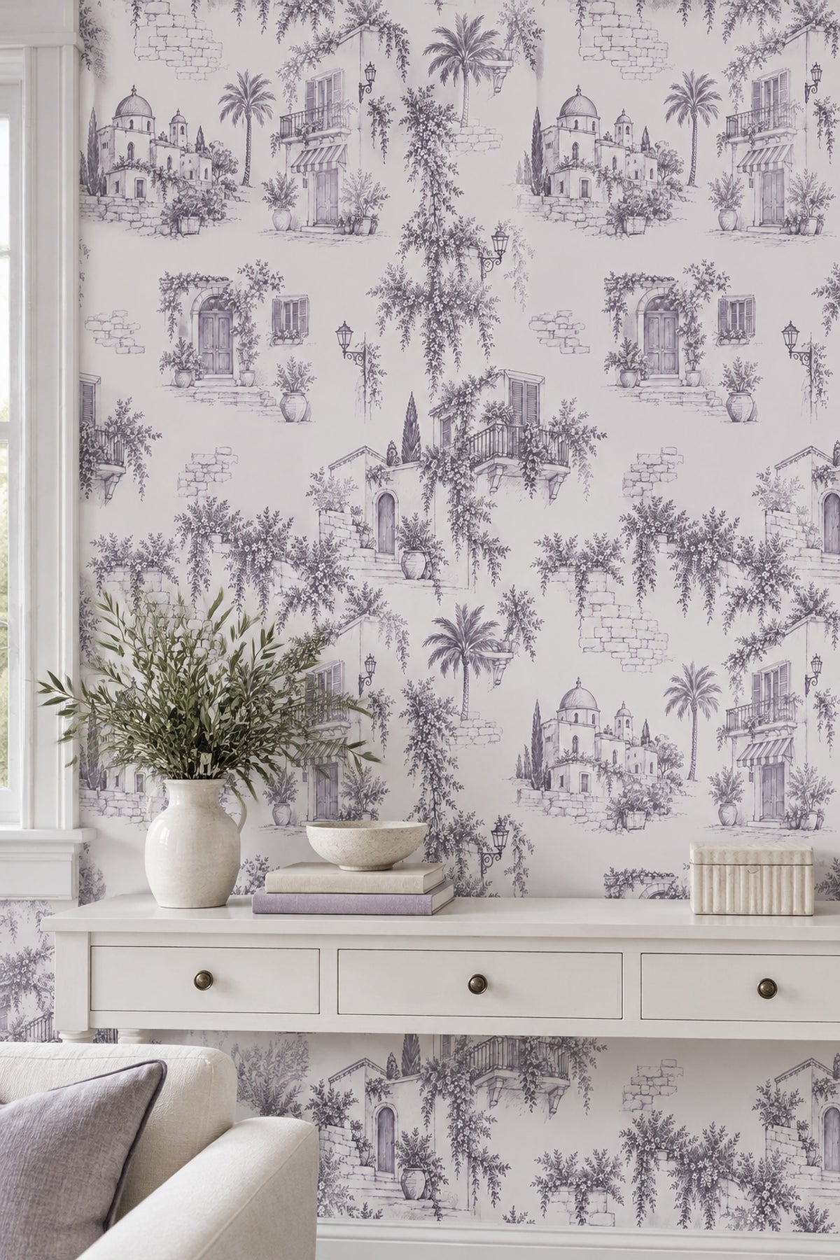 Mediterranean Town Sketch Wallpaper Lavender Gray Toile