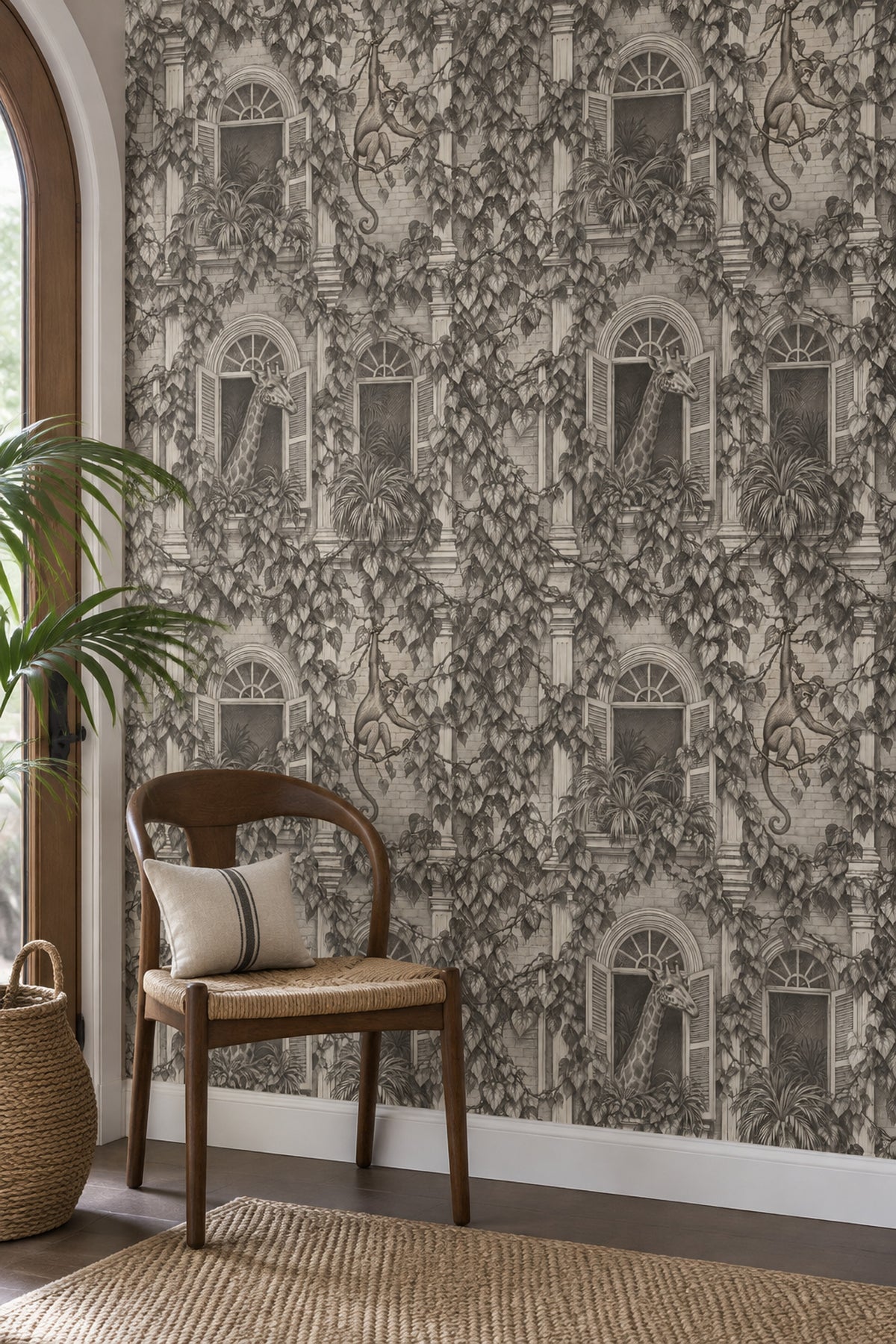 Giraffe And Monkey Wallpaper Vintage Inspired Toile Gray Botanical