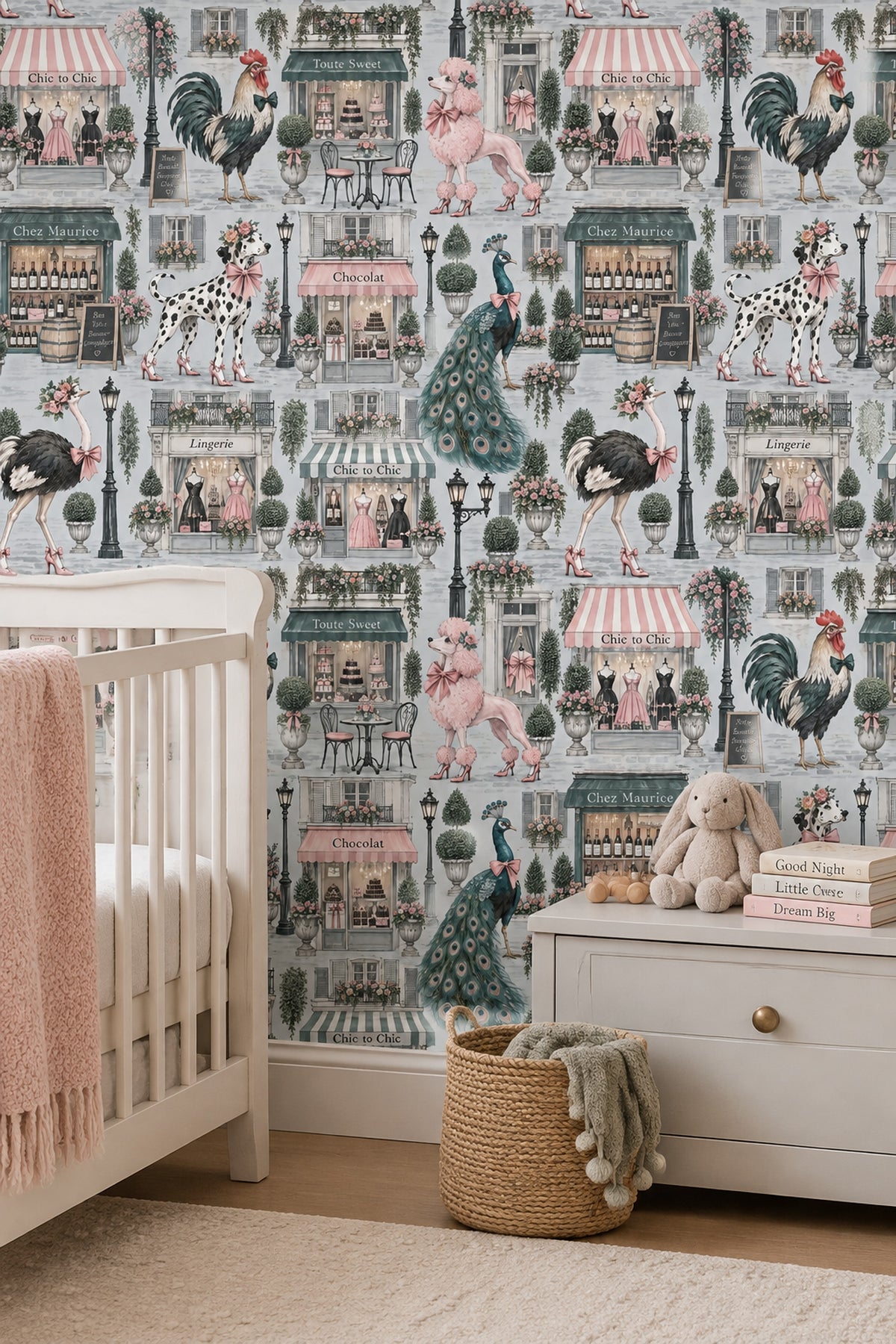 Dressed Up Animals In Paris Shops Wallpaper Pastel Pink And Mint
