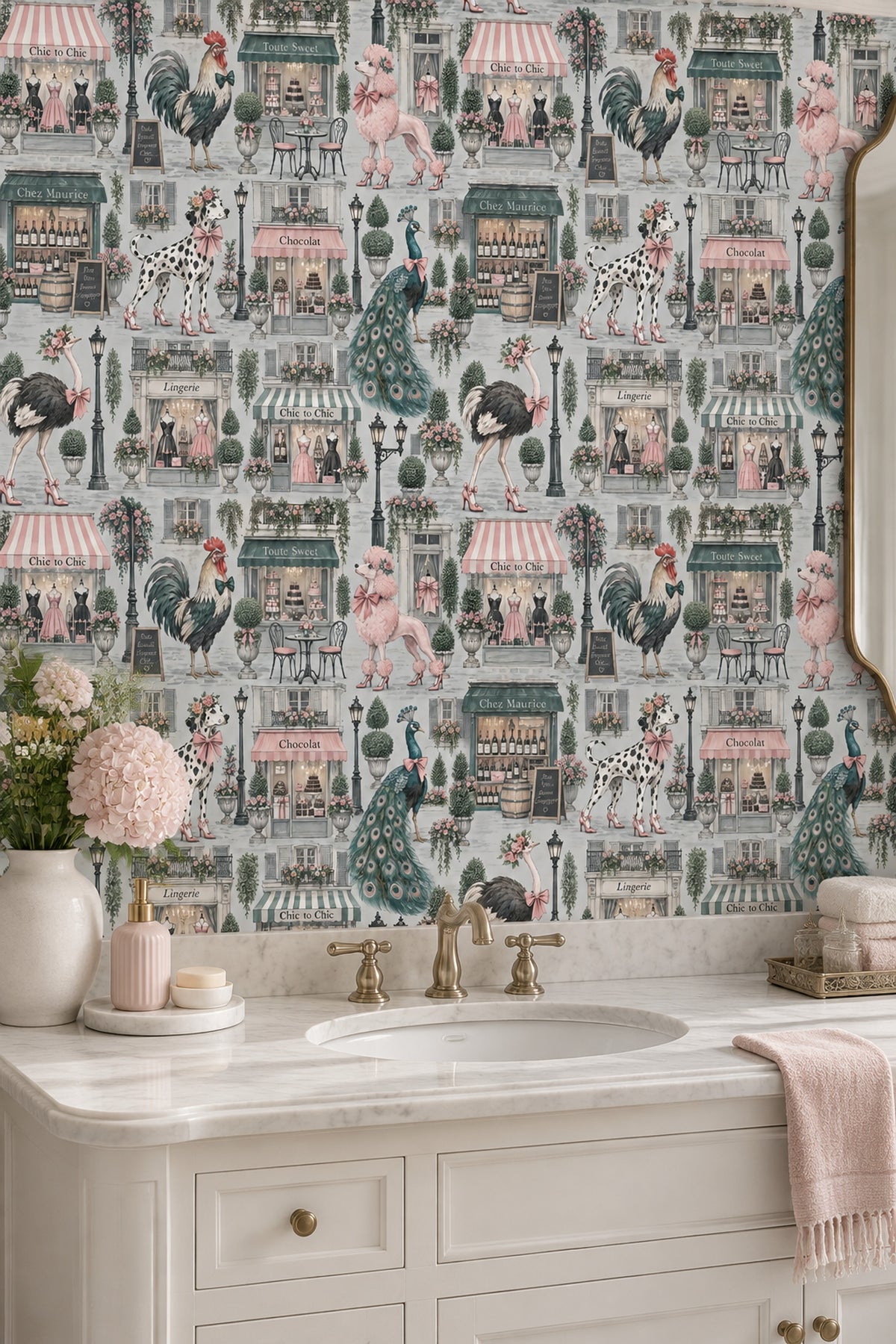 Dressed Up Animals In Paris Shops Wallpaper Pastel Pink And Mint