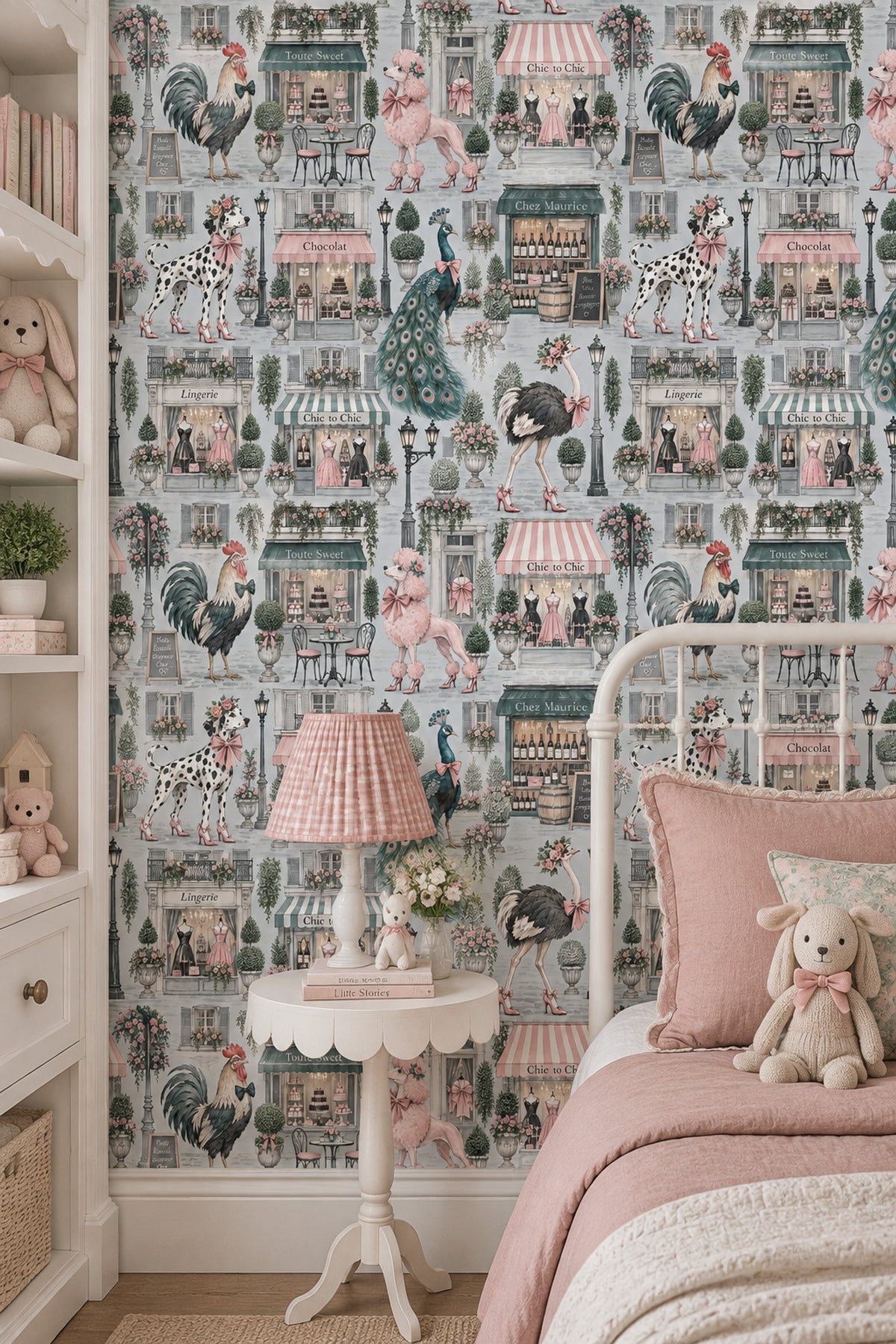 Dressed Up Animals In Paris Shops Wallpaper Pastel Pink And Mint