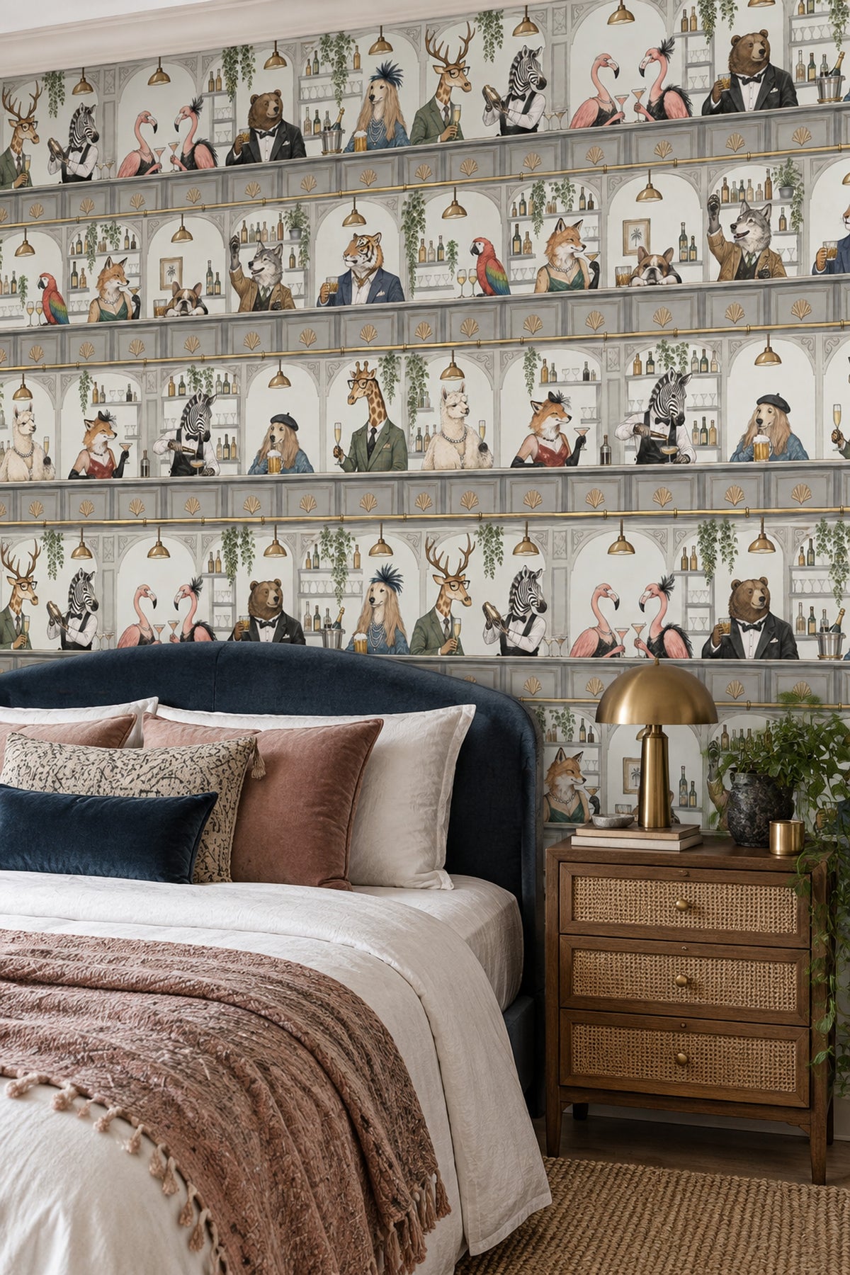 Dressed Up Animal Bar Scene Wallpaper Muted Green And Gray