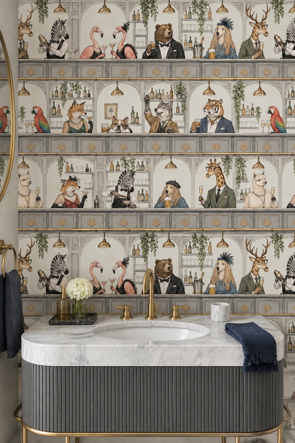 Dressed Up Animal Bar Scene Wallpaper Muted Green And Gray