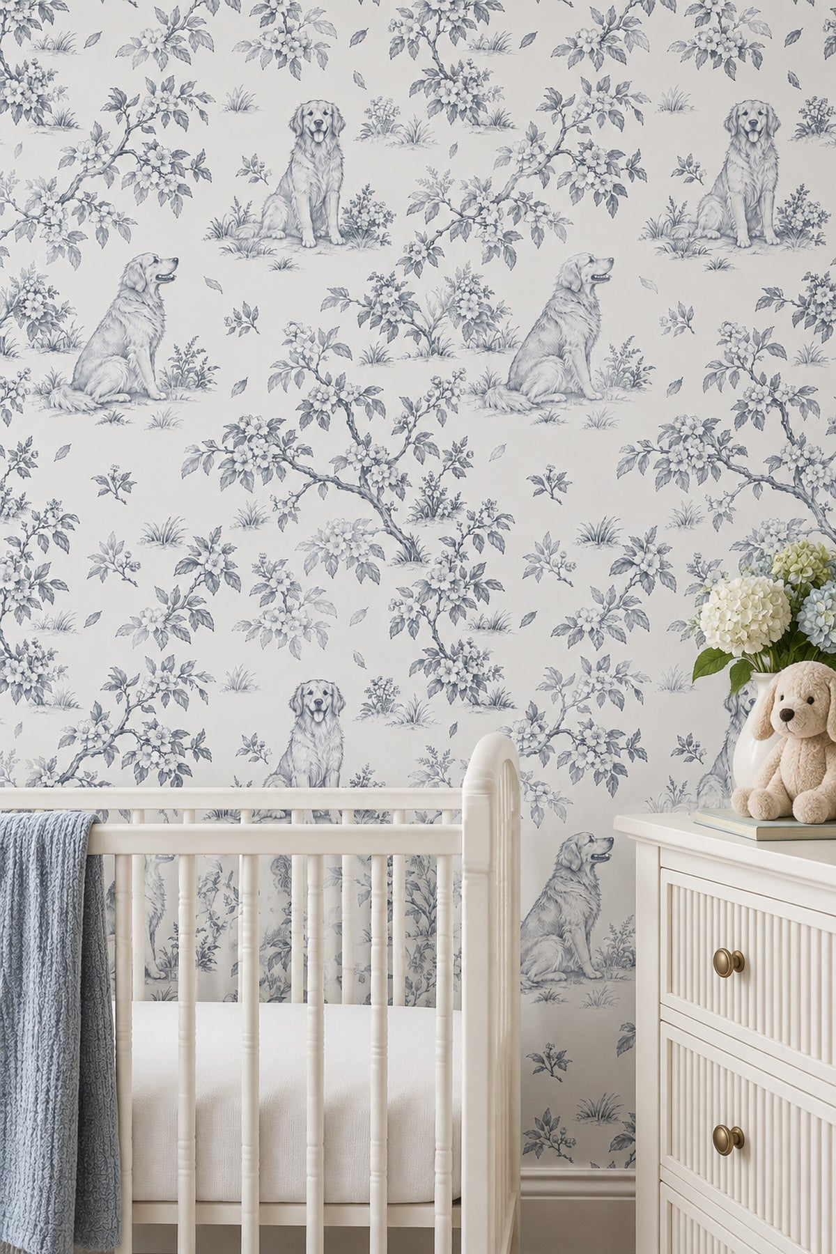 Toile Dog And Blossom Branch Wallpaper White Background