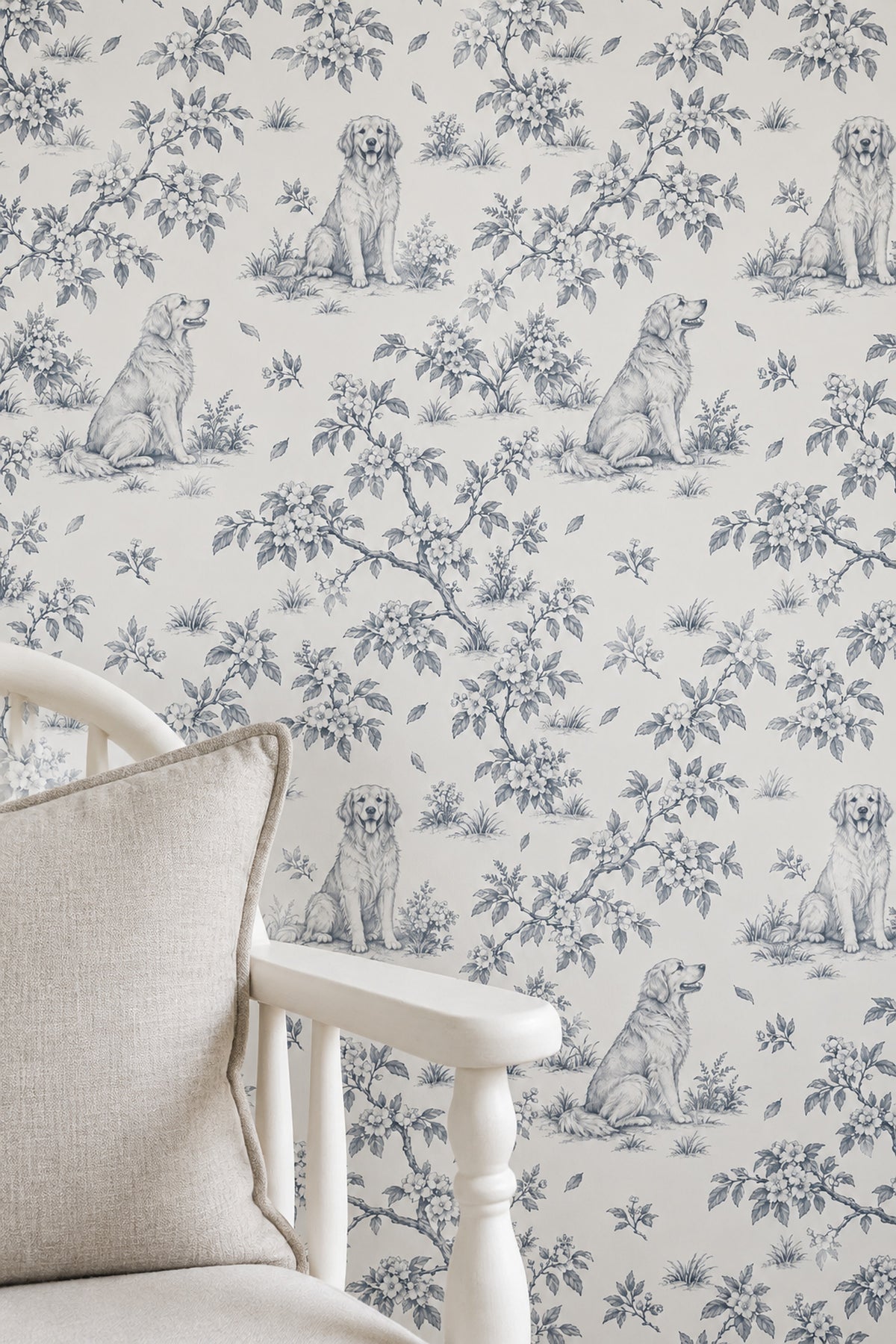 Toile Dog And Blossom Branch Wallpaper White Background