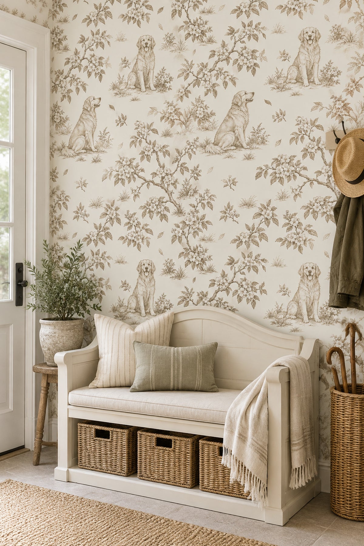 Golden Retriever Toile Wallpaper Sepia Botanical On Cream
