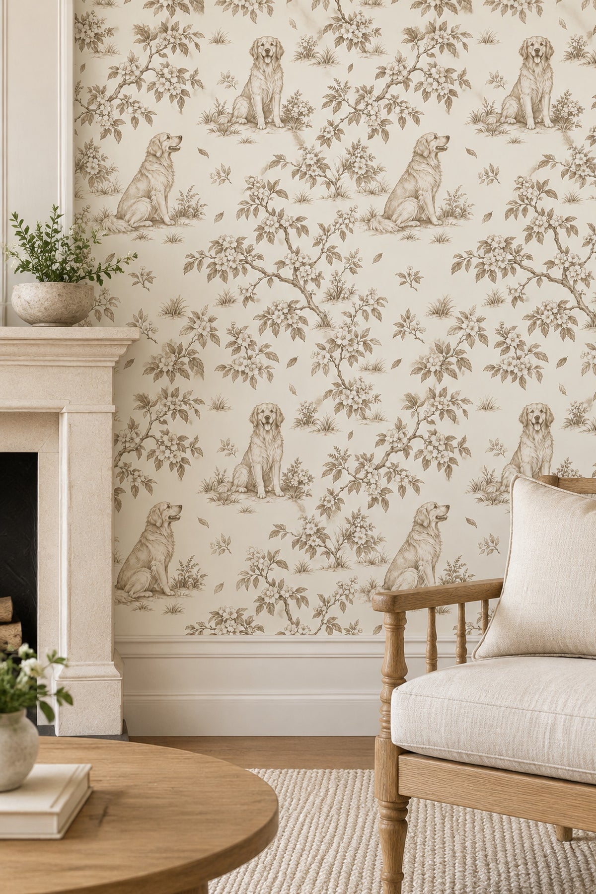 Golden Retriever Toile Wallpaper Sepia Botanical On Cream