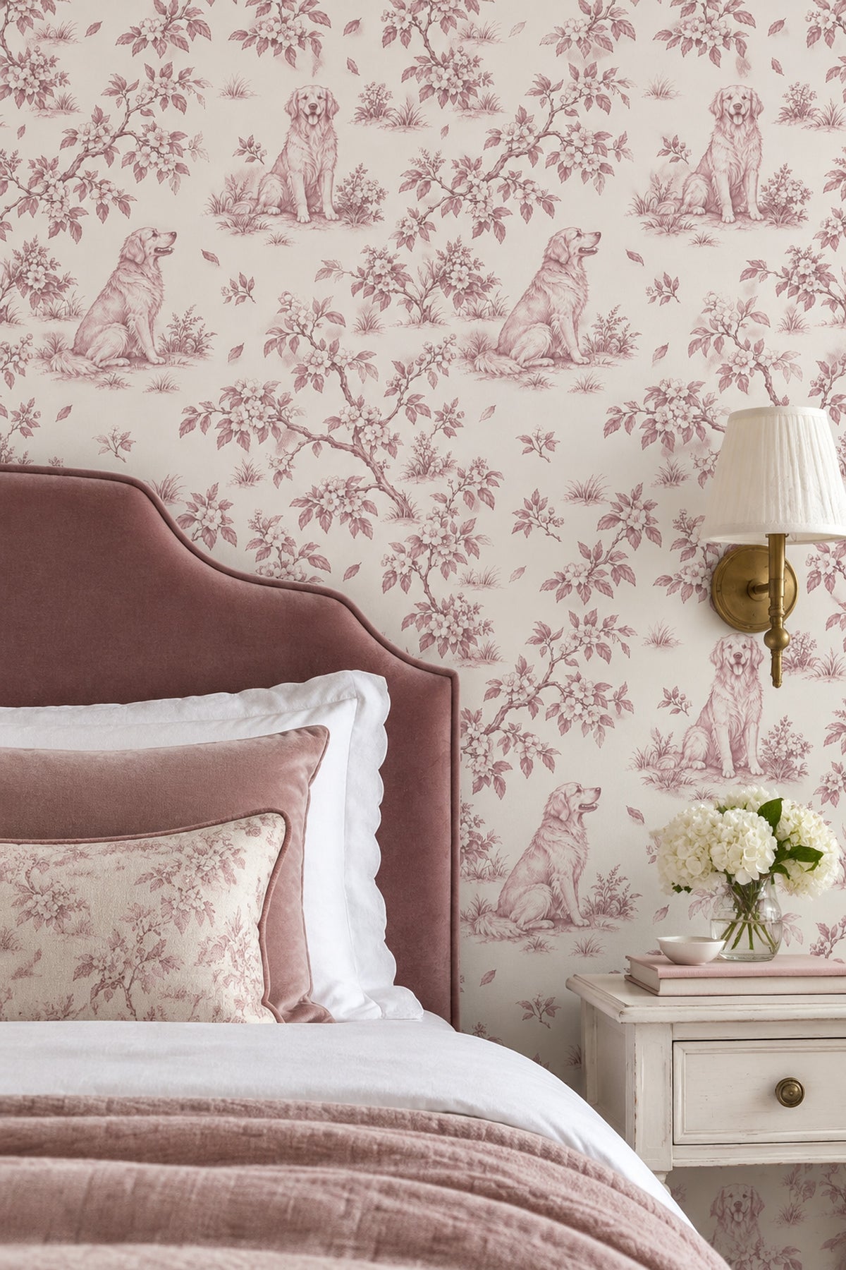 Golden Retriever Toile Wallpaper Pink Line Art On Ivory Background