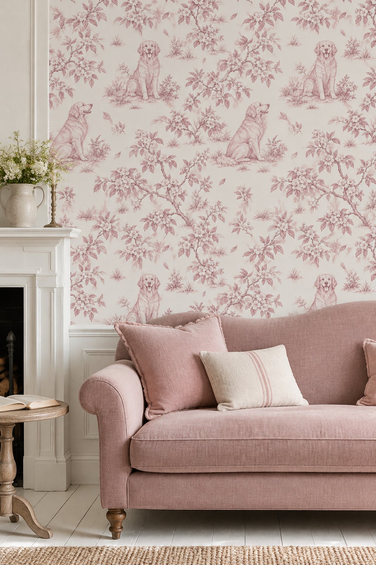 Golden Retriever Toile Wallpaper Pink Line Art On Ivory Background