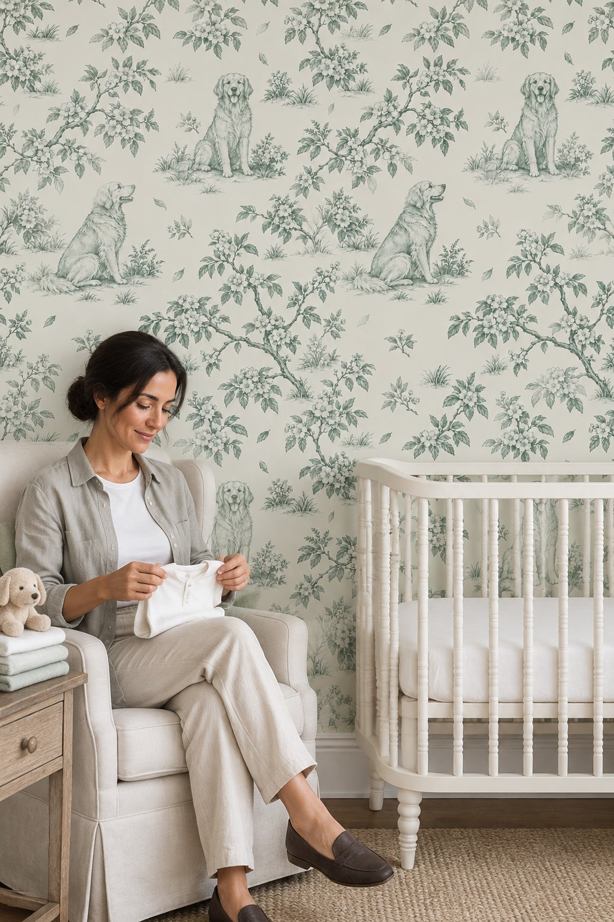 Sitting Dogs Toile Wallpaper Sage Green On Cream