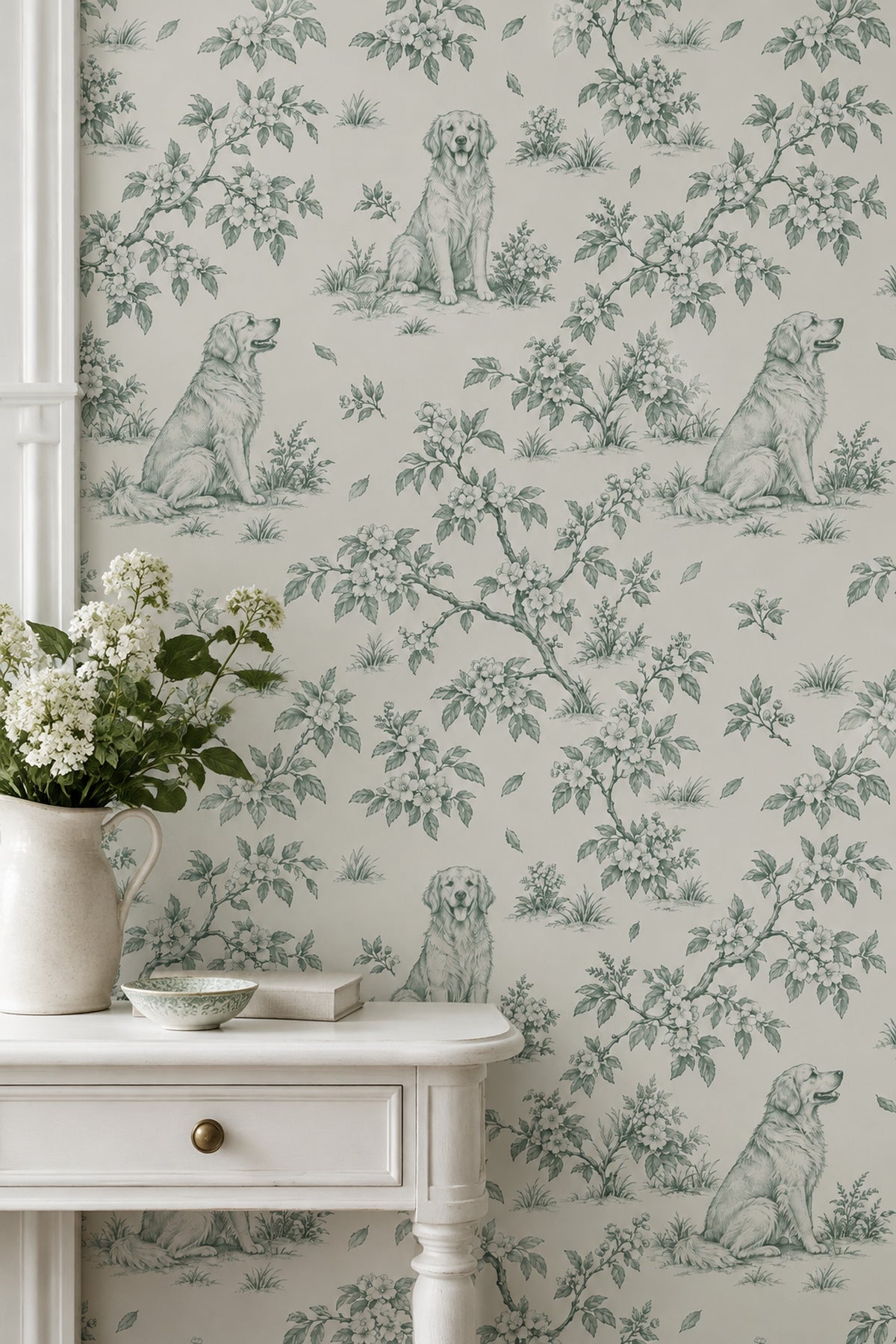 Sitting Dogs Toile Wallpaper Sage Green On Cream