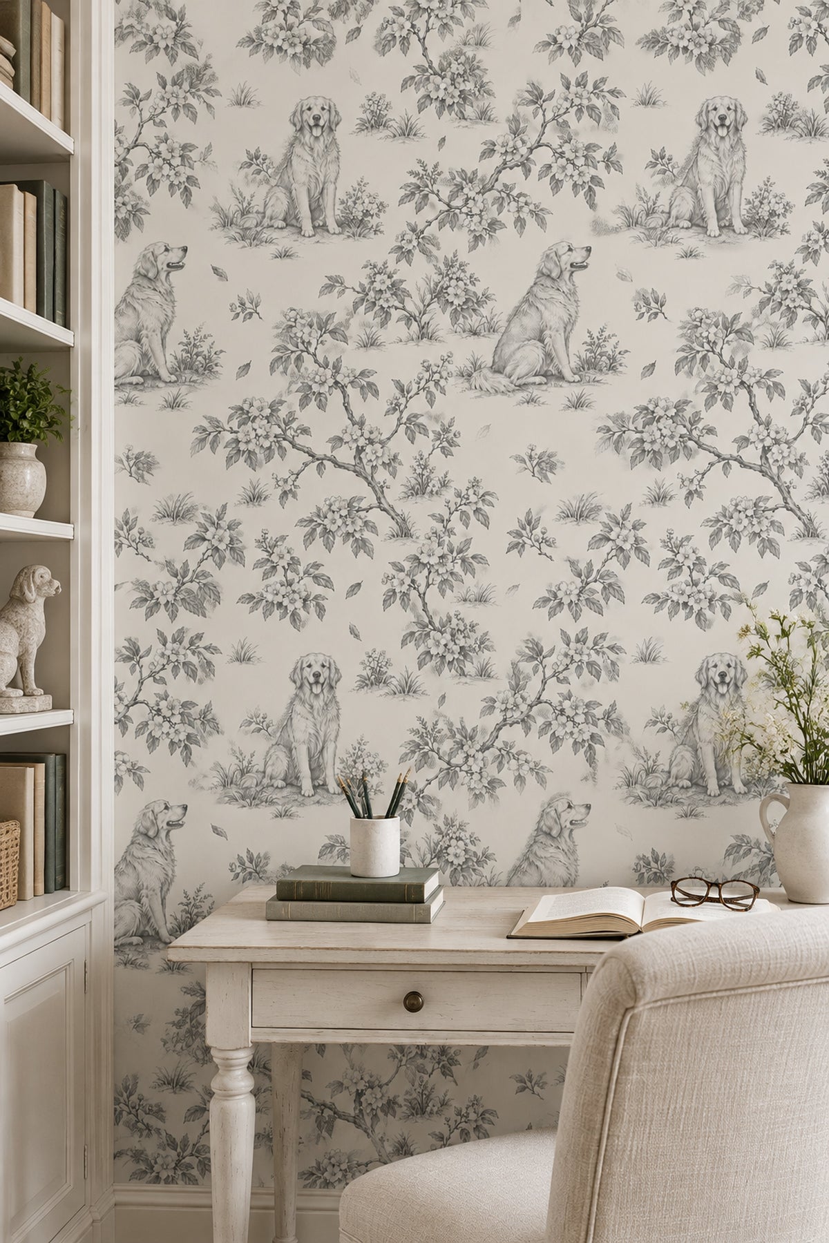 Vintage Inspired Dogs And Floral Toile Wallpaper Light Beige