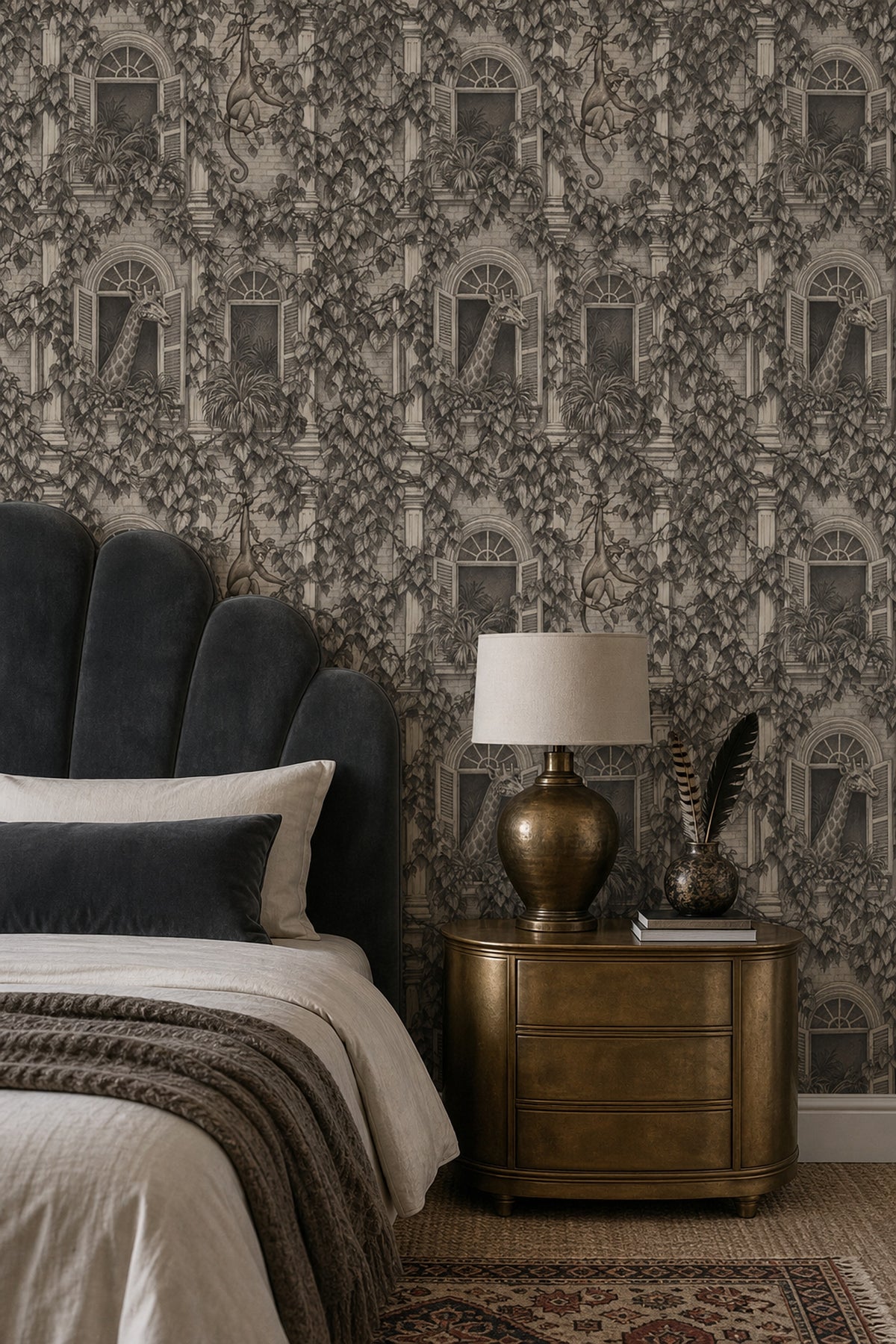 Giraffe And Monkey Wallpaper Vintage Inspired Toile Gray Botanical