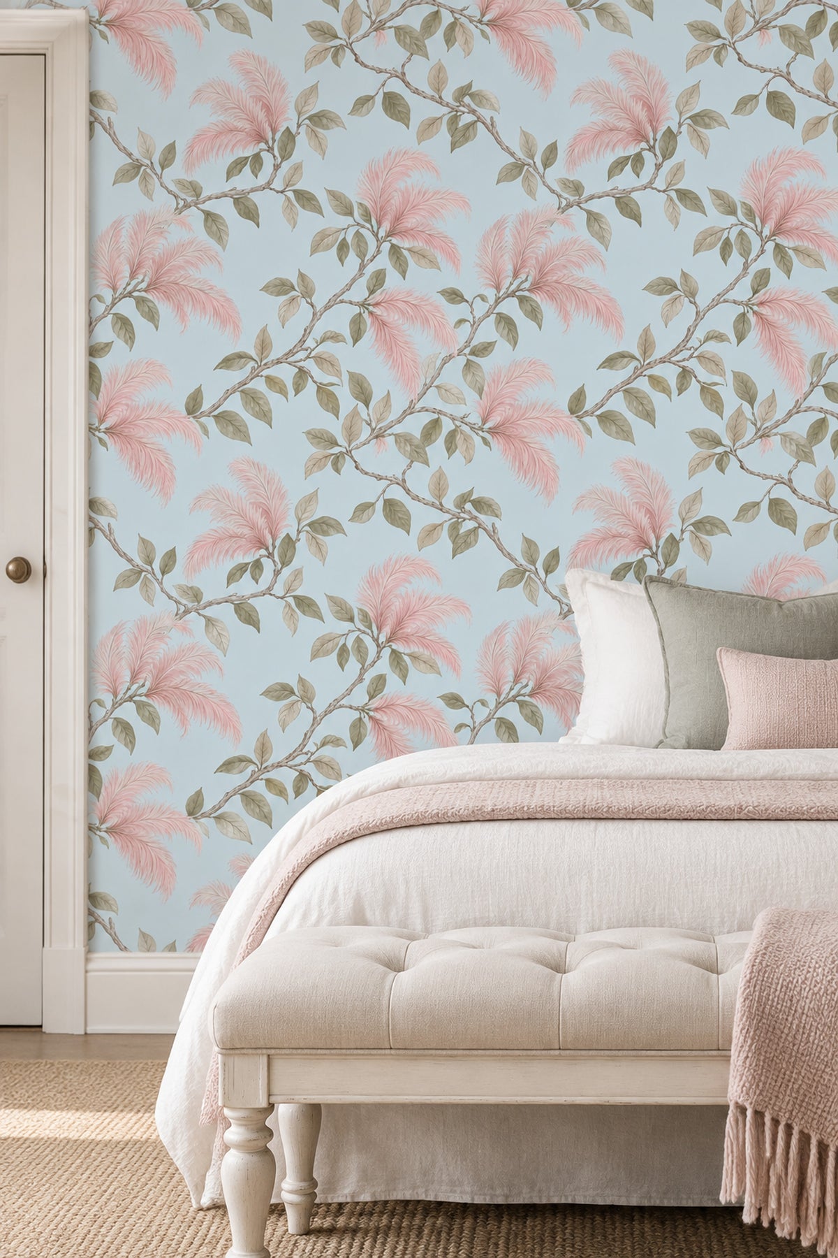 Pink Plume Blossoms Wallpaper Muted Green Leaves On Pastel Blue