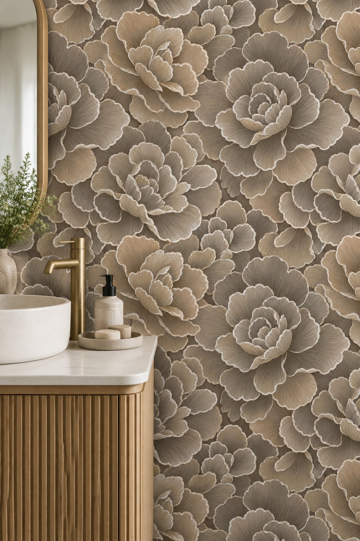 Layered Peony Wallpaper Neutral Taupe And Beige Outline Floral