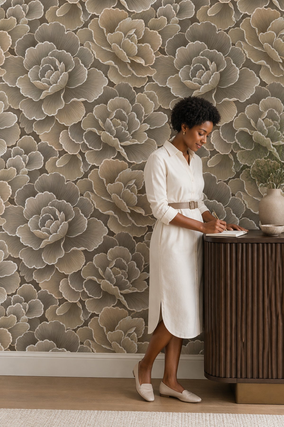 Layered Peony Wallpaper Neutral Taupe And Beige Outline Floral