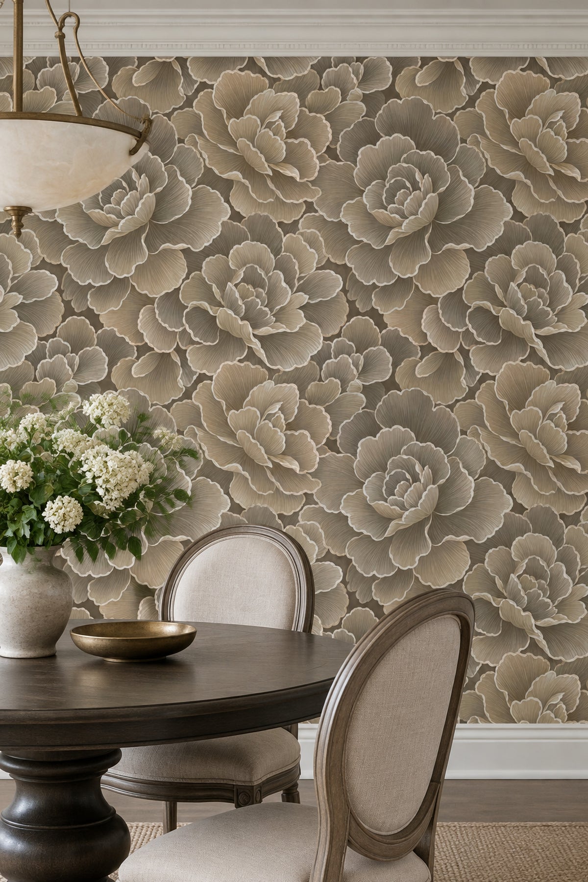 Layered Peony Wallpaper Neutral Taupe And Beige Outline Floral