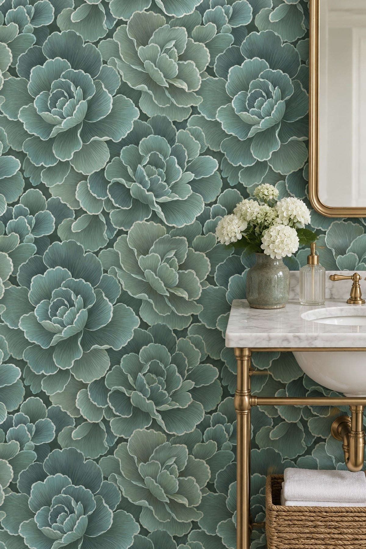 Layered Botanical Flowers Wallpaper In Sage And Teal Watercolor Texture