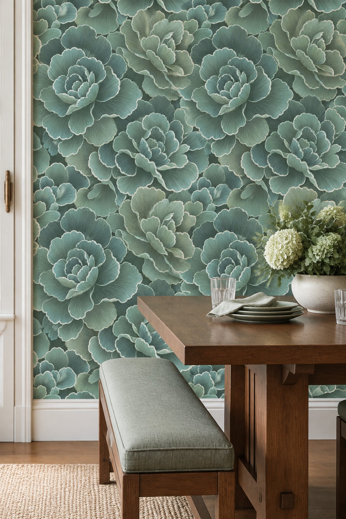 Layered Botanical Flowers Wallpaper In Sage And Teal Watercolor Texture