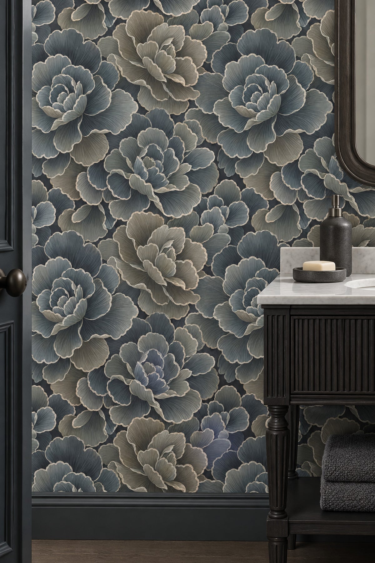 Layered Dark Floral Wallpaper In Teal And Navy With Cream Outlines