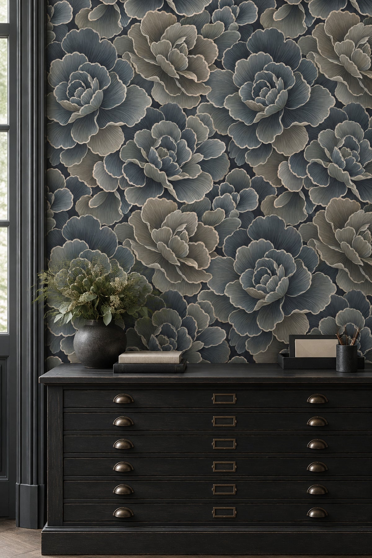 Layered Dark Floral Wallpaper In Teal And Navy With Cream Outlines
