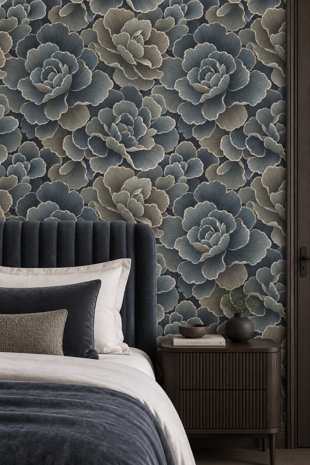 Layered Dark Floral Wallpaper In Teal And Navy With Cream Outlines
