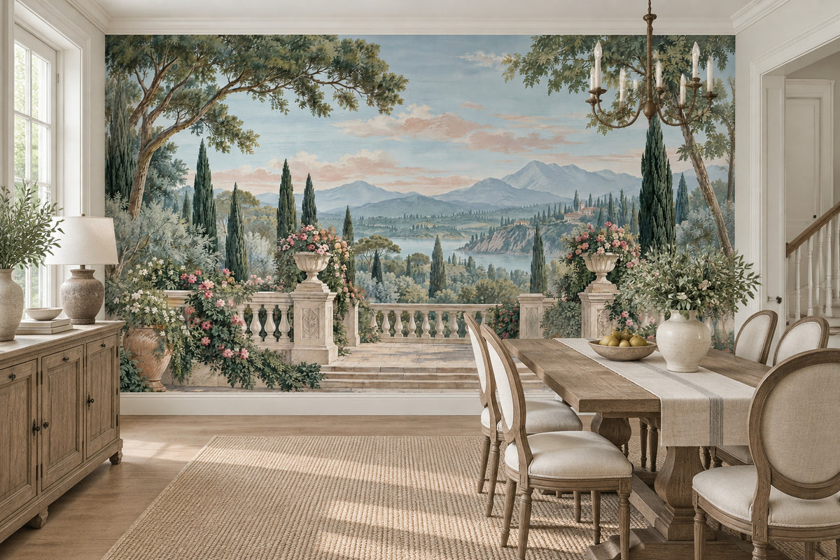 Tuscan Terrace Garden Wallpaper Mural, Vintage Inspired Mediterranean Landscape