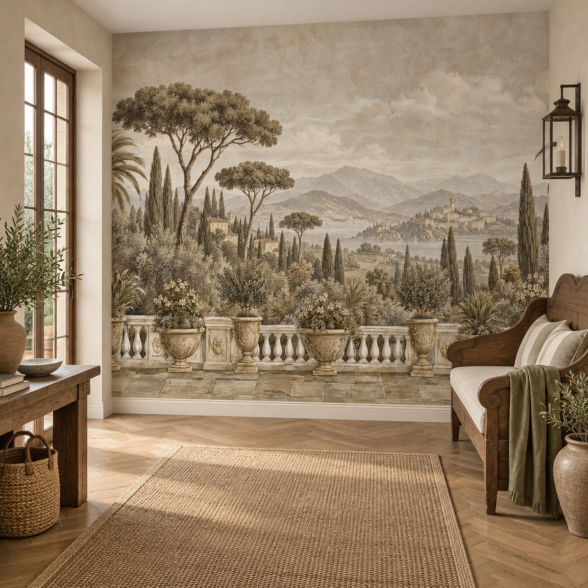 Tuscan Terrace Landscape Wallpaper Mural In Sepia Beige Vintage Inspired Fresco Style