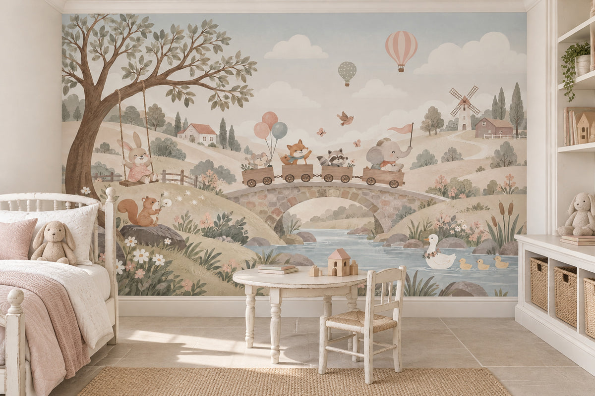 Woodland Animal Train Wallpaper Mural Pastel Watercolor Countryside