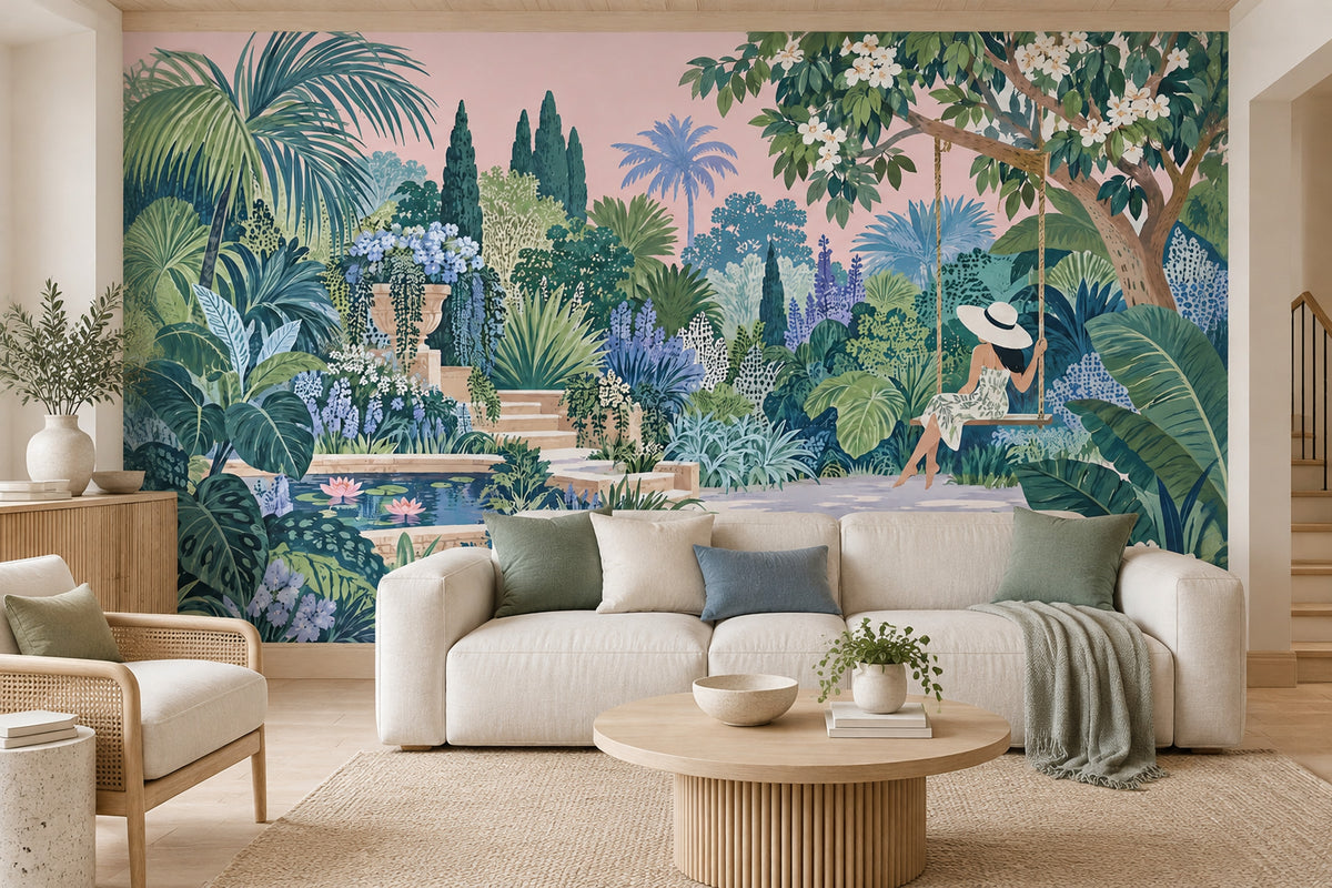 Woman On A Garden Swing Wallpaper Mural: Watercolor Tropical Greens