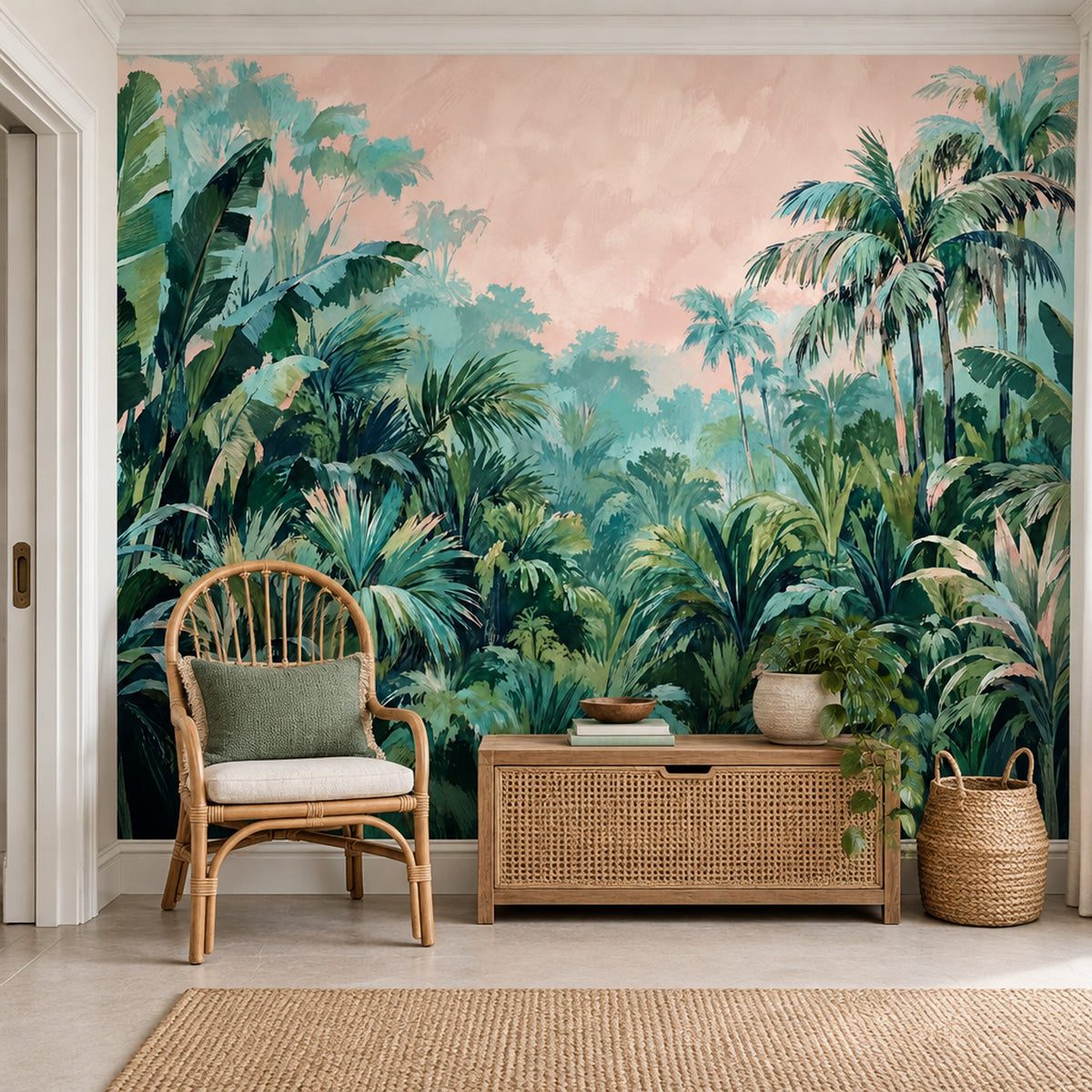 Tropical Jungle Wallpaper Mural Green Foliage With Pastel Pink Sky