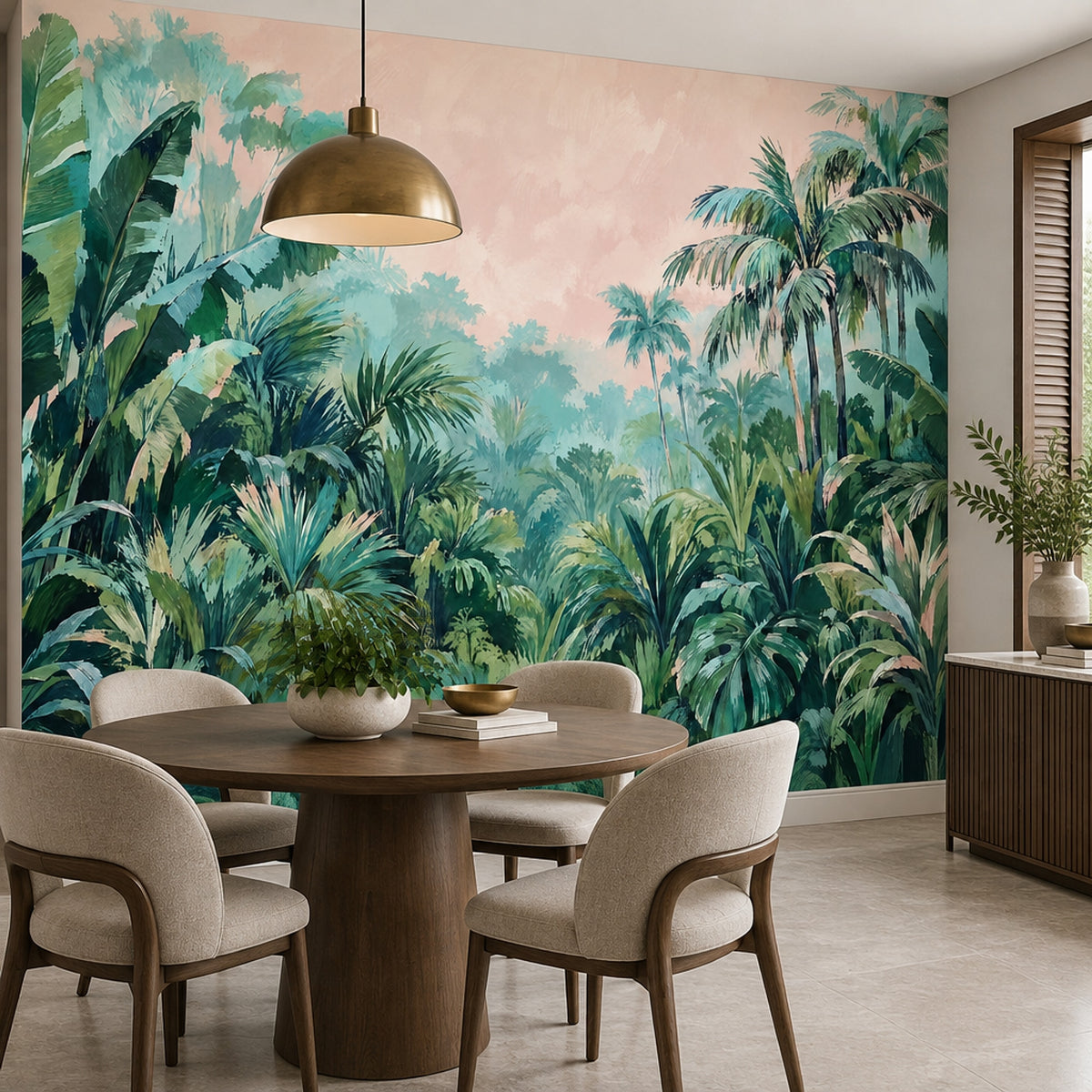 Tropical Jungle Wallpaper Mural Green Foliage With Pastel Pink Sky