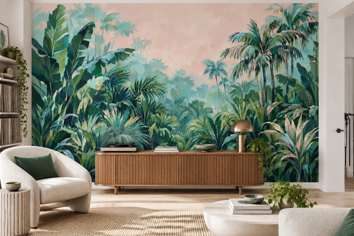 Tropical Jungle Wallpaper Mural Green Foliage With Pastel Pink Sky