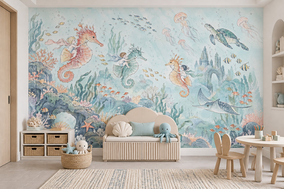 Seahorse Riding Kids Wallpaper Mural: Pastel Watercolor Underwater Castle