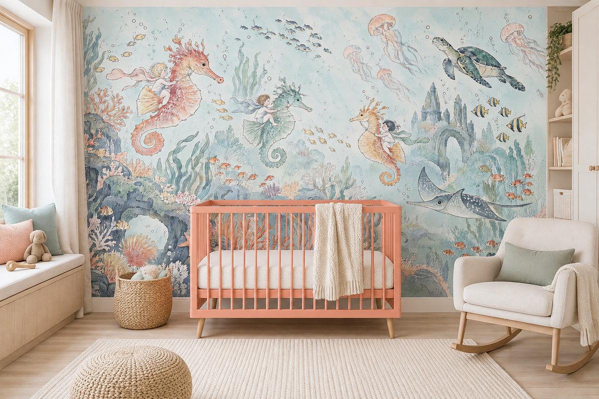 Seahorse Riding Kids Wallpaper Mural: Pastel Watercolor Underwater Castle