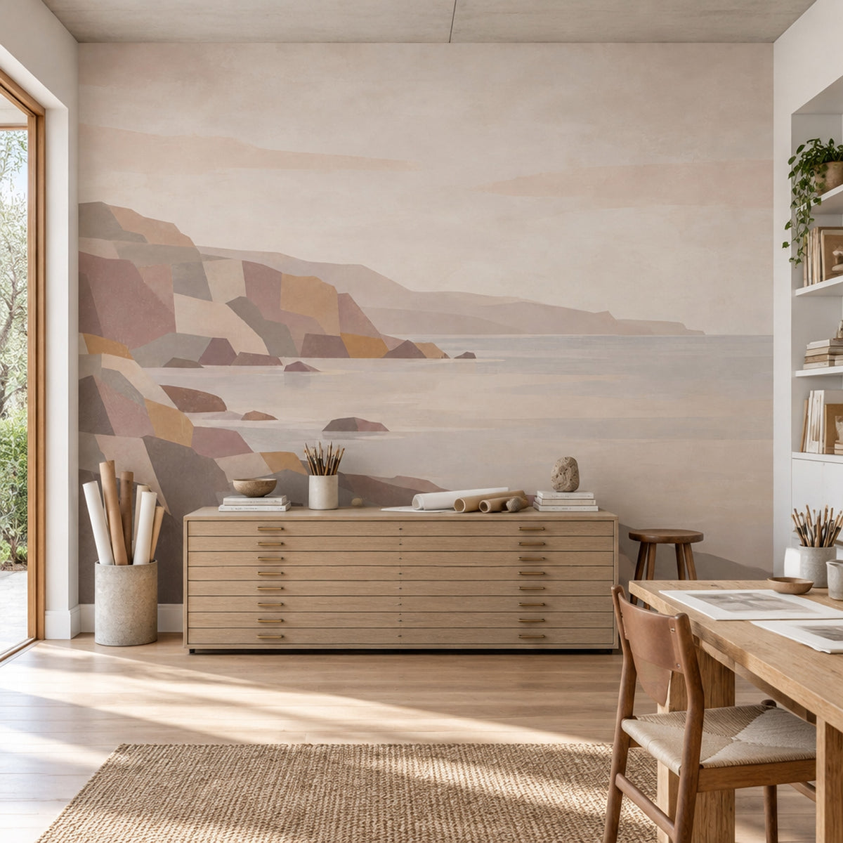 Geometric Rocky Coast Wallpaper Mural Muted Earth Tones