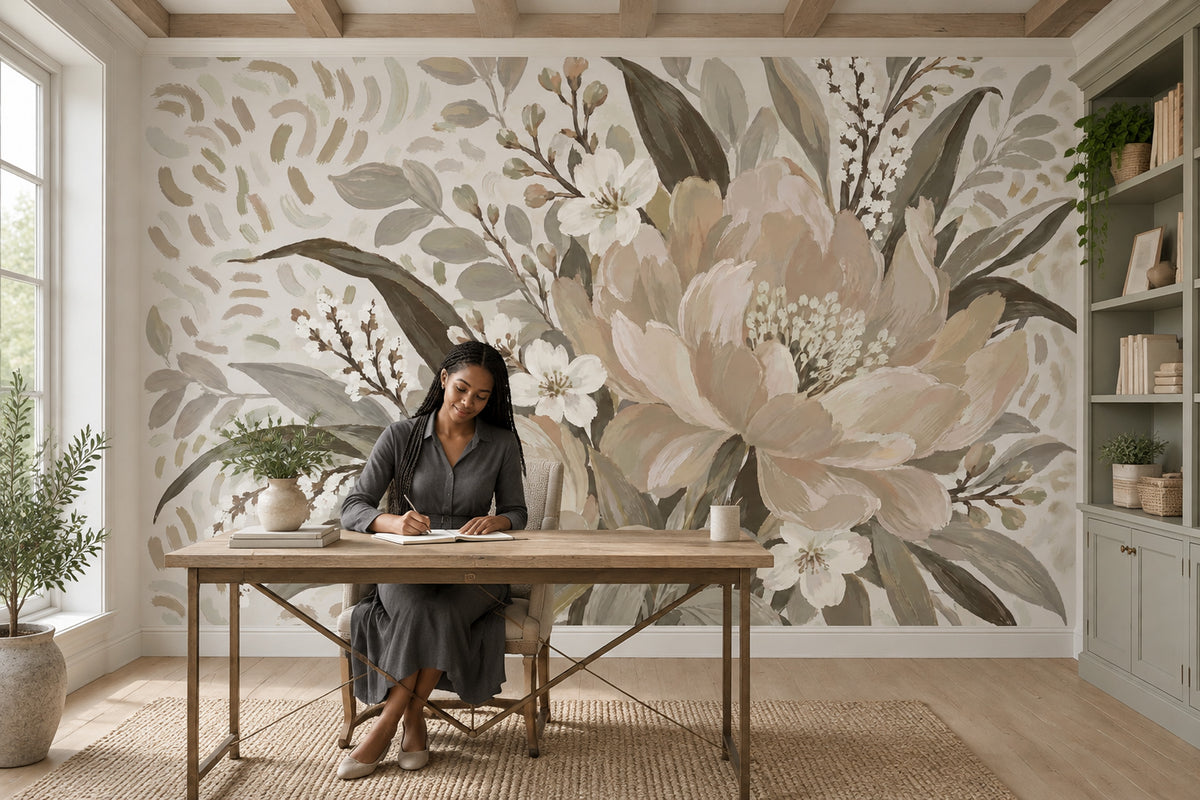 Pastel Garden Flowers Wallpaper Mural Beige Watercolor Botanicals