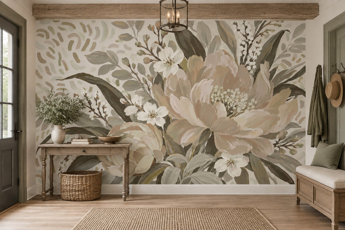 Pastel Garden Flowers Wallpaper Mural Beige Watercolor Botanicals