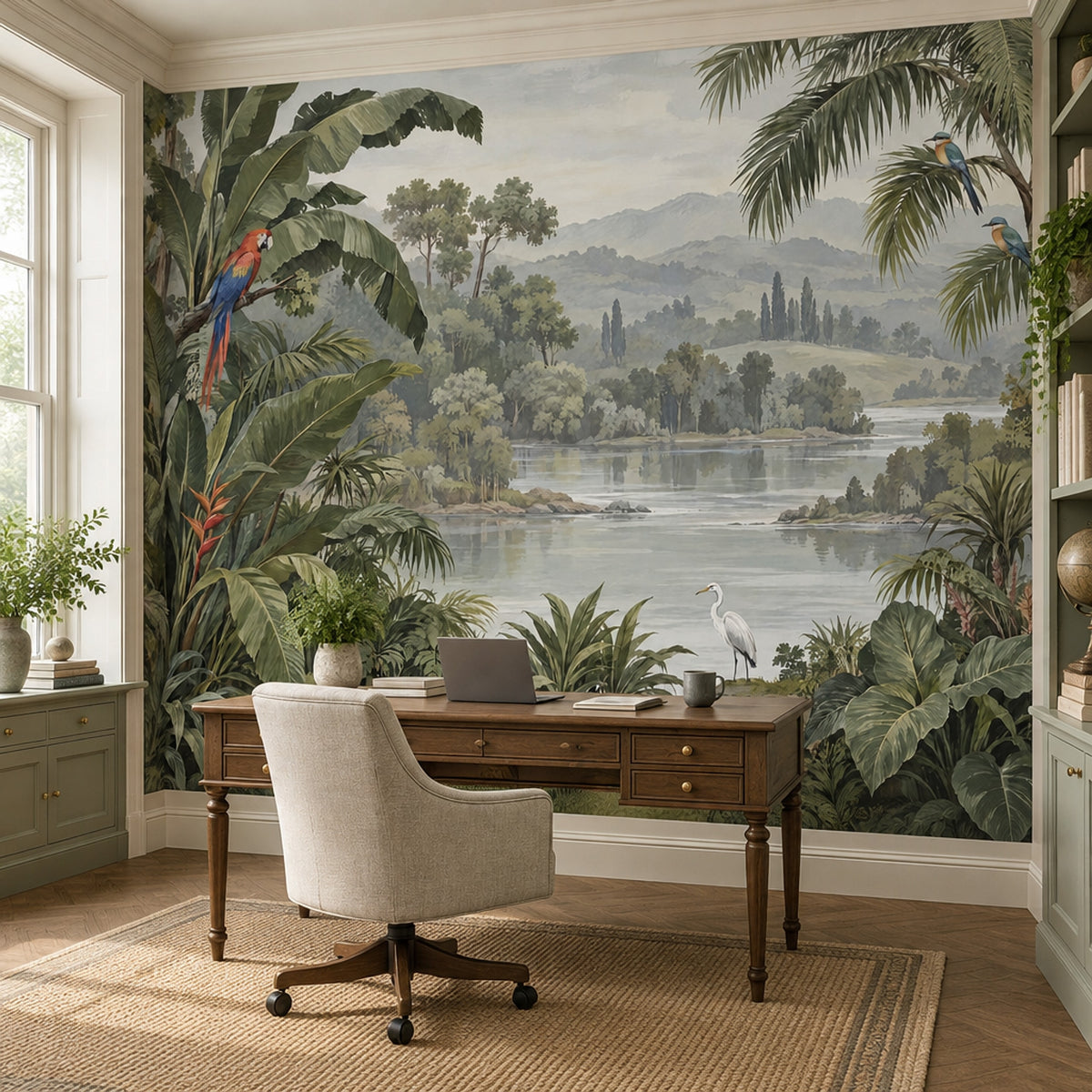 Tropical Birds And Jungle Lake Wallpaper Mural: Muted Green Botanical