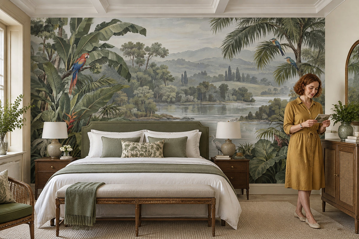 Tropical Birds And Jungle Lake Wallpaper Mural: Muted Green Botanical